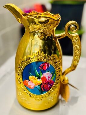 Gold Floral Decorative Pitcher Vase w/ Handle NWT Vintage Style Glam